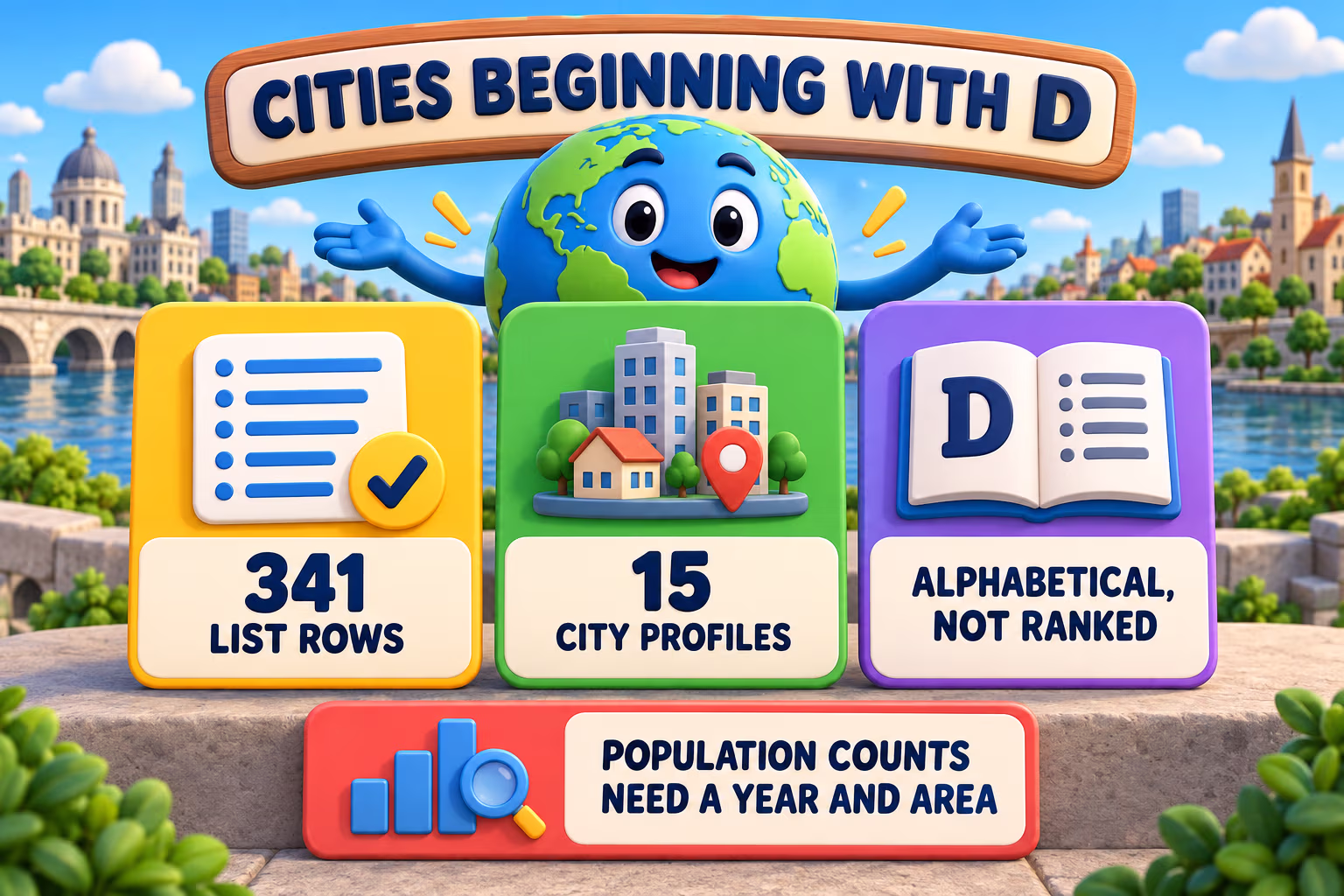 Friendly globe infographic summarizes 341 D-city list rows, 15 city profiles, alphabetical rather than ranked order, and the need to date population counts and geographic areas.