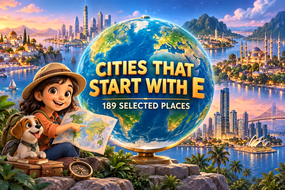 3D animated globe, colorful city skylines and a young explorer beneath the title Cities That Start With E.