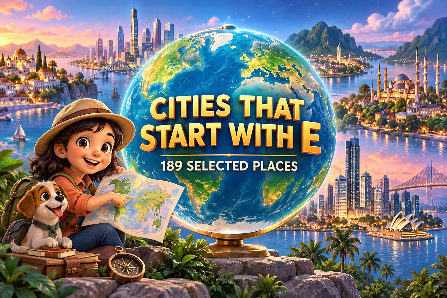 3D animated globe, colorful city skylines and a young explorer beneath the title Cities That Start With E.