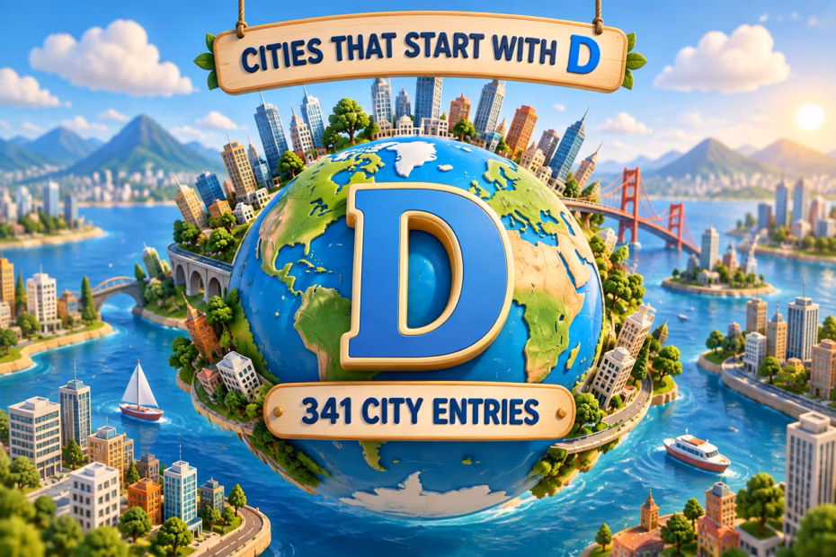 A playful 3D globe surrounded by generic city skylines, with signs reading “Cities That Start With D” and “341 City Entries.”