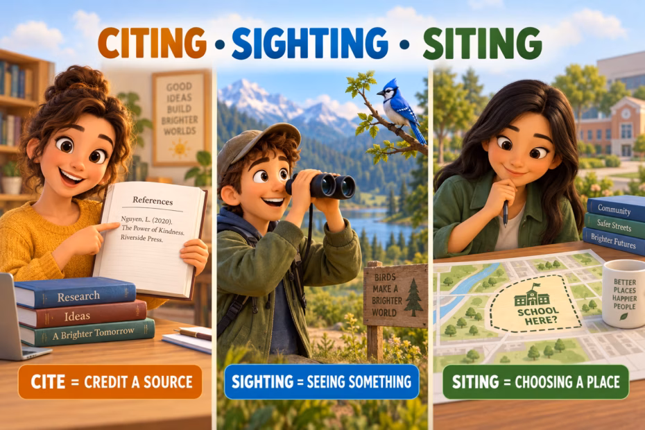 3D animated guide to citing, sighting, and siting, with a source, a birdwatcher, and a school location map