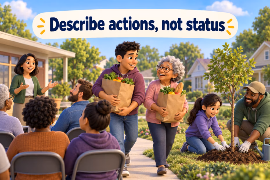 Describe actions, not status. A playful 3D scene shows neighbors meeting, helping one another, and planting a tree.