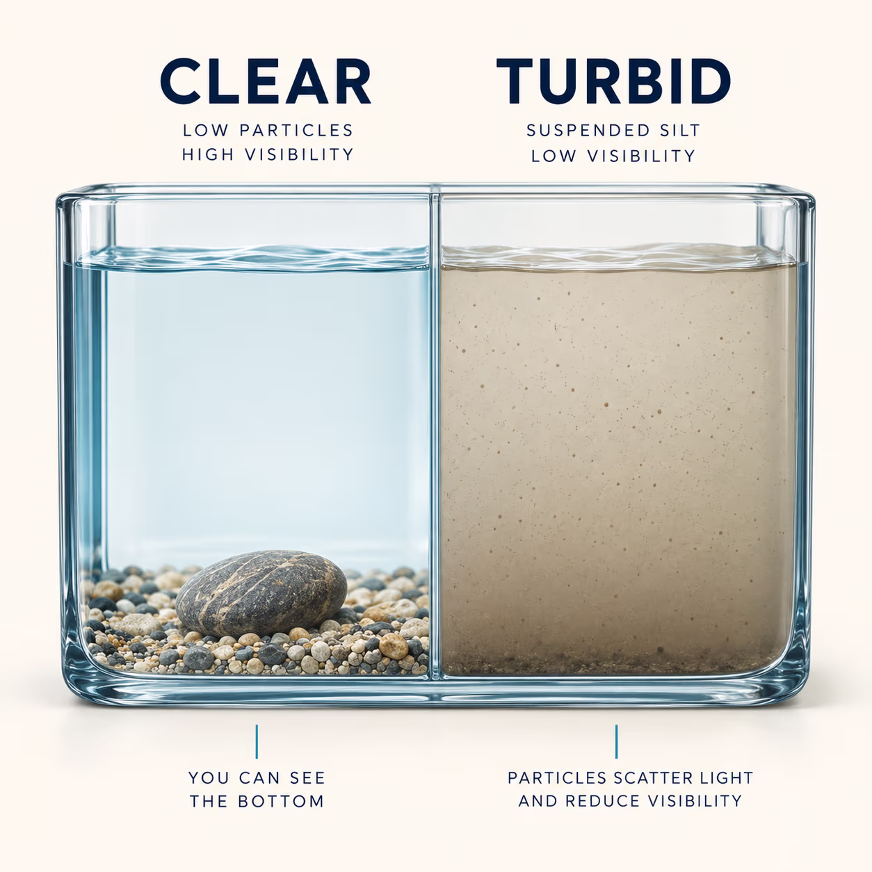Comparison of clear water, where the bottom is visible, and turbid water with suspended silt
