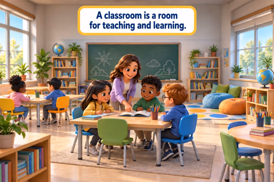 Playful 3D classroom illustration with a teacher and learners around tables. A classroom is a room for teaching and learning.