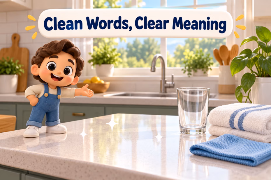 A playful 3D cartoon character presents a clean kitchen counter with a clear glass, folded towel, and cloth.