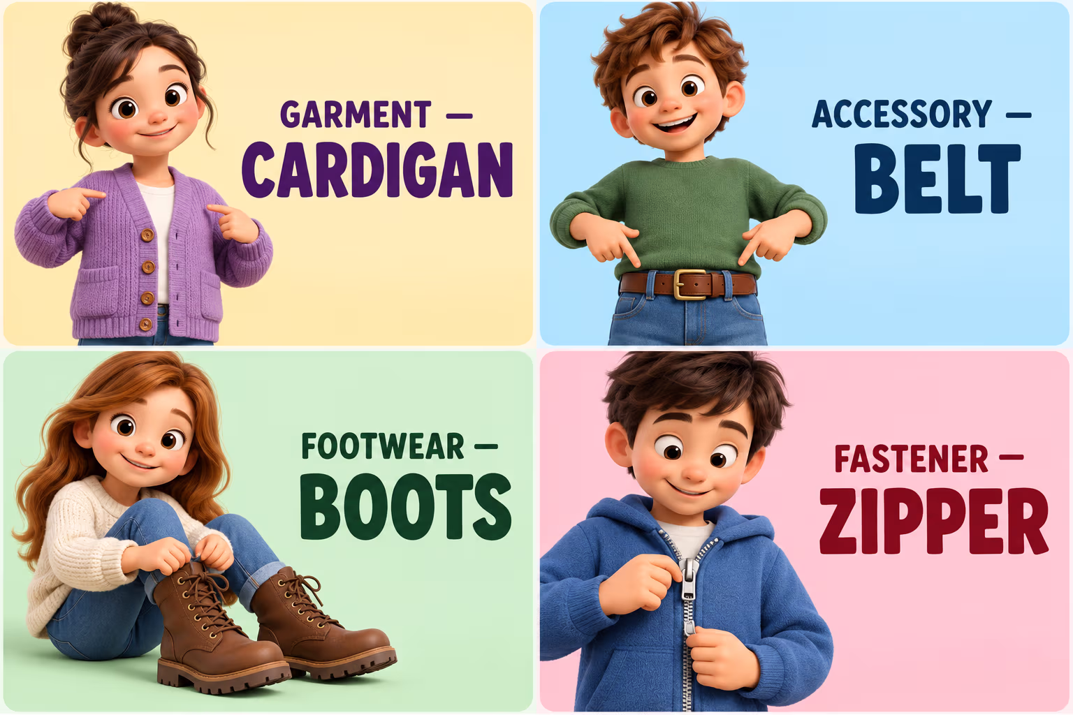 A cheerful cartoon guide to clothing words from A to Z, including garments, accessories, footwear, and style