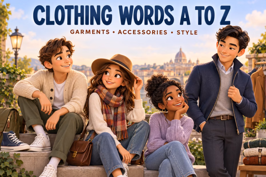 Friendly cartoon people wearing varied garments, accessories, shoes, and a jacket beneath the Clothing Words A to Z headline