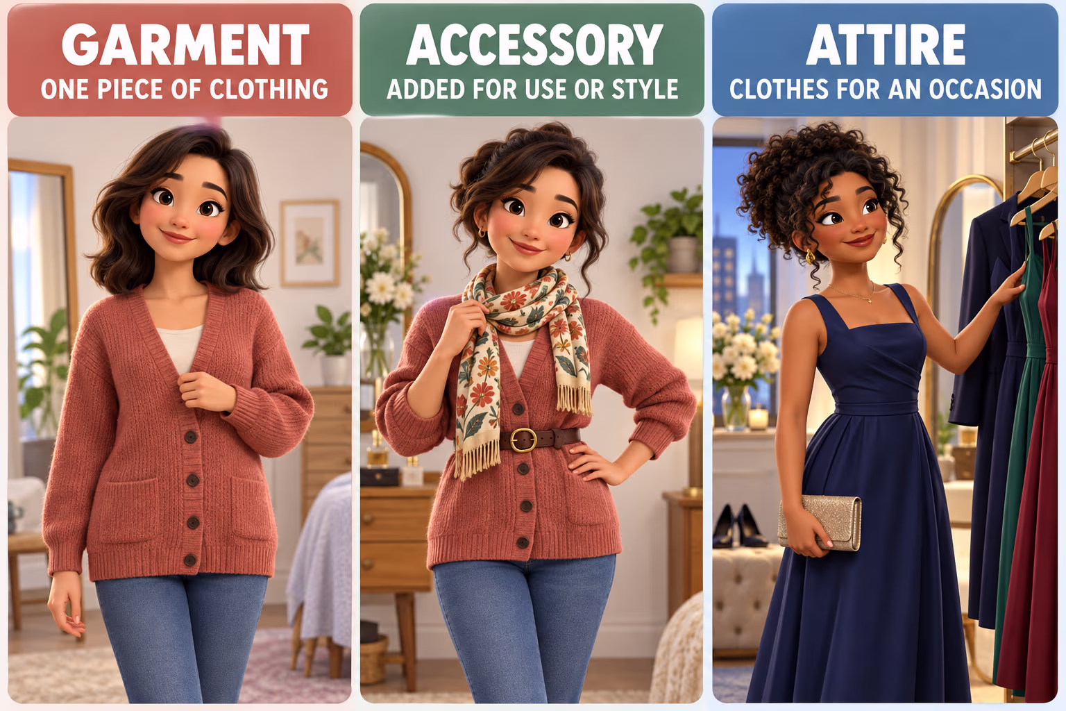 Cartoon examples distinguish a garment from a clothing accessory, footwear, and a zipper fastener