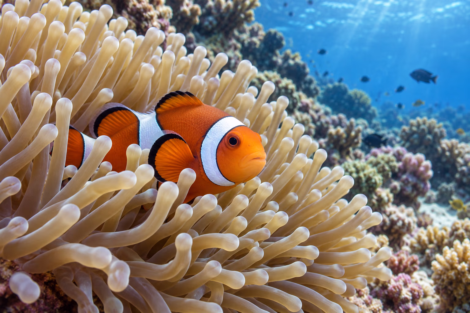 An orange-and-white clownfish sheltering among sea anemone tentacles