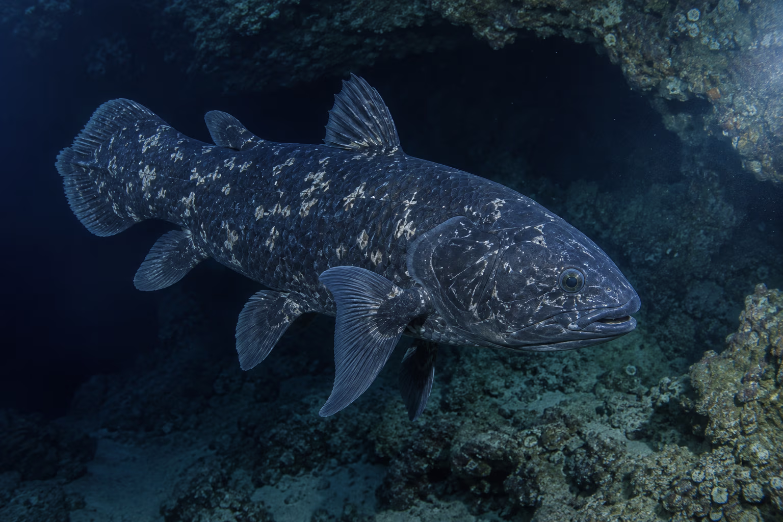 A coelacanth swimming in deep water near a rocky cave