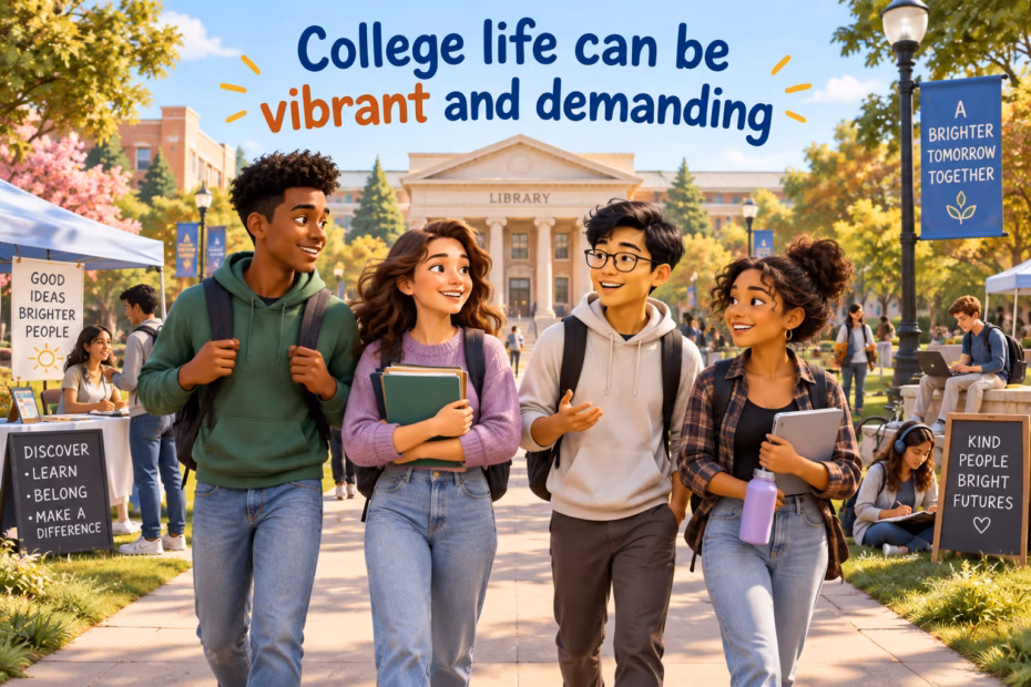 Diverse students walk through a campus quad with a library and activity booths. Text: “College life can be vibrant and demanding.”