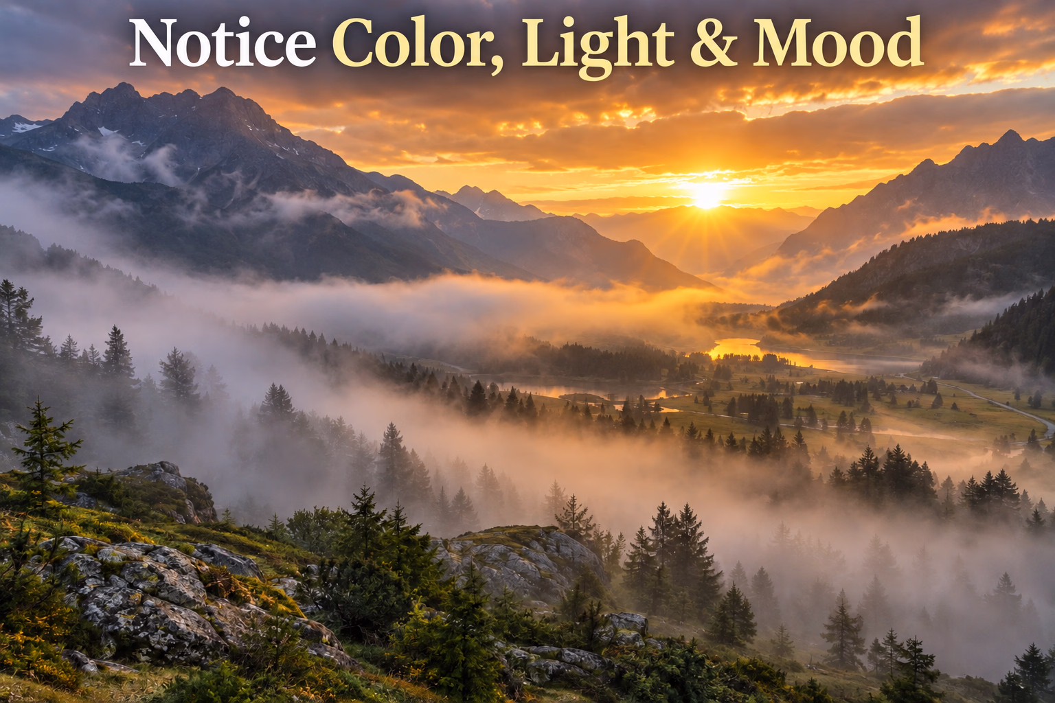Warm sunrise light and layered clouds over a mountain valley illustrate color, light, and mood words.