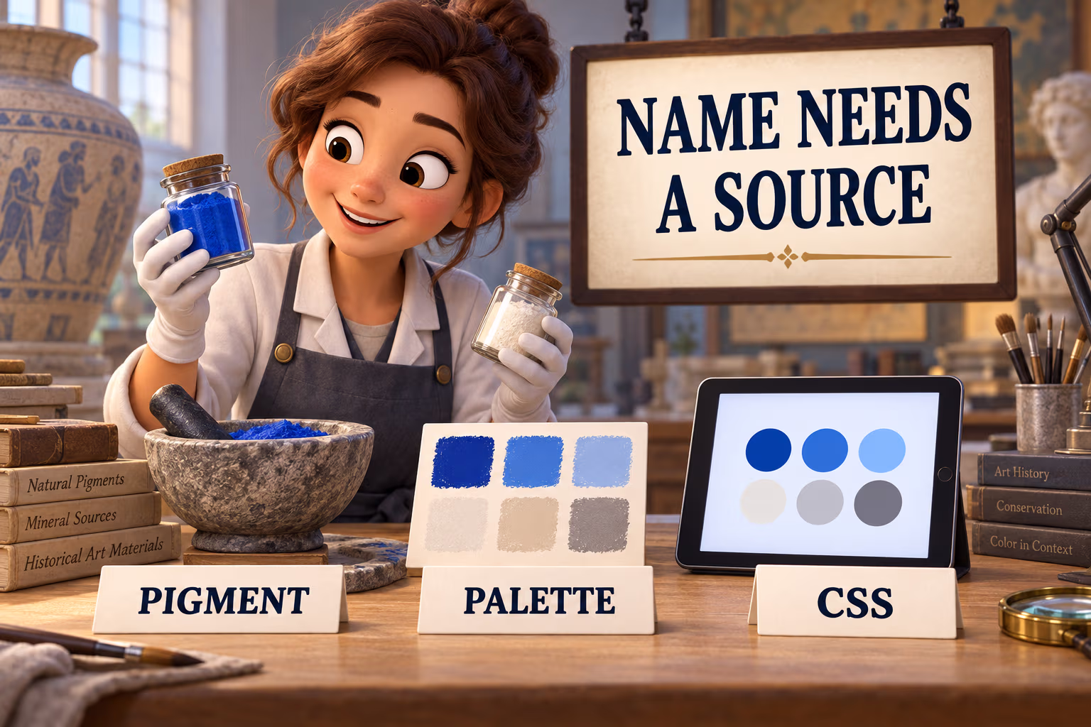 Animated conservator compares pigment, palette, and CSS as separate color references.