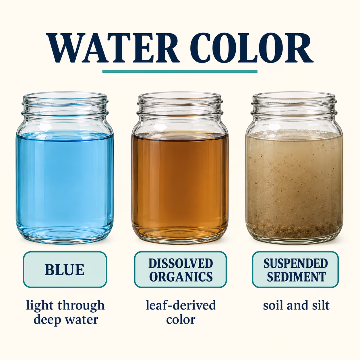 Three water samples showing blue water, tea-colored dissolved organics, and cloudy suspended sediment