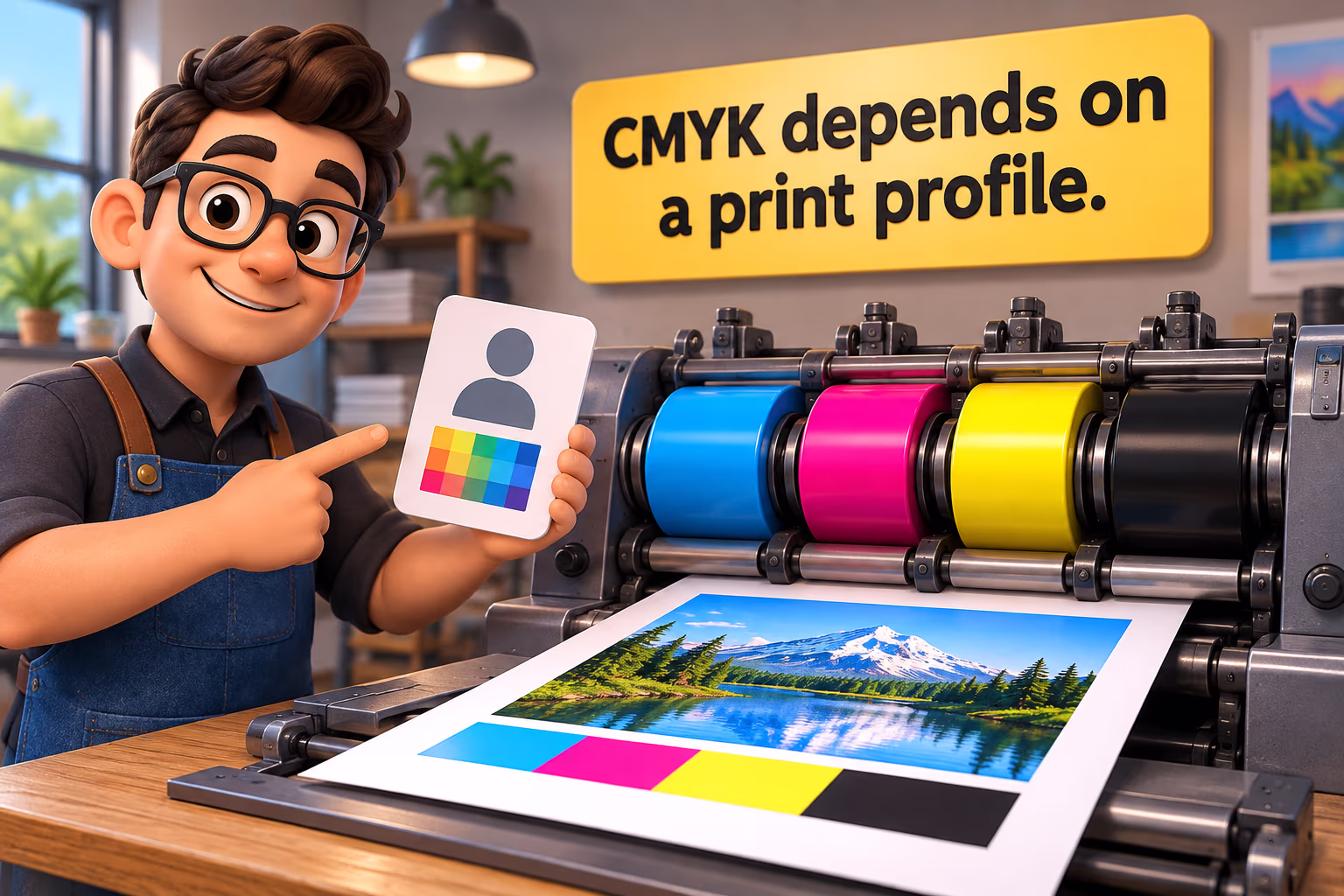 A print shop worker shows a color proof beside cyan, magenta, yellow, and black ink rollers. Text: “CMYK depends on a print profile.”