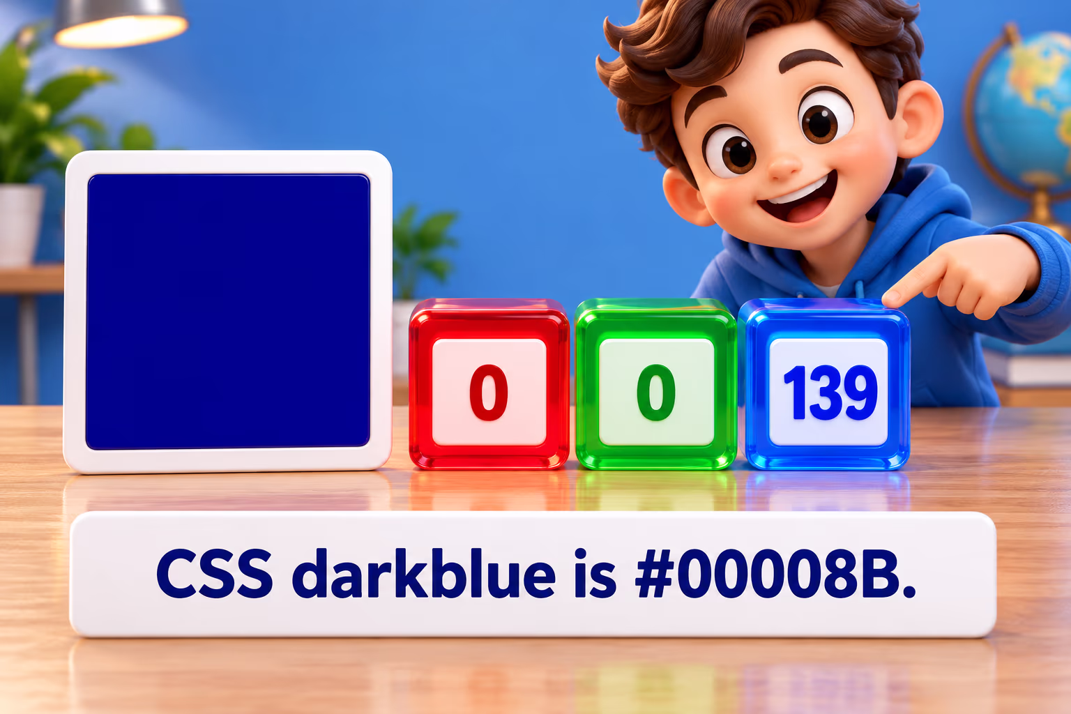 A dark blue swatch sits beside RGB channels labeled 0, 0, and 139. Text: “CSS darkblue is #00008B.”
