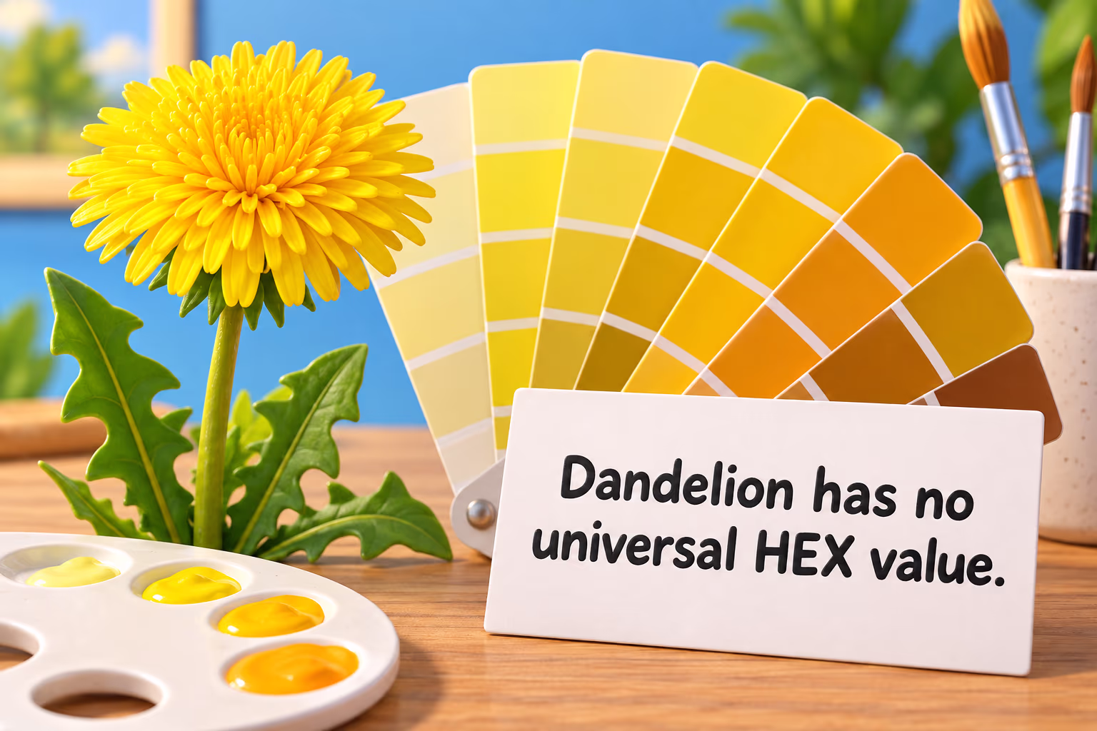 A bright dandelion flower sits beside a fan deck of yellow and orange palette swatches. Text: “Dandelion has no universal HEX value.”