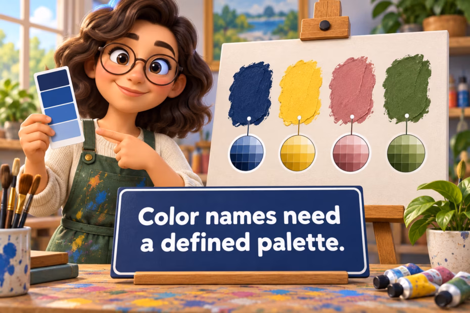 A playful 3D art teacher compares blue, yellow, rose, and green paint swatches on a palette board. Text: “Color names need a defined palette.”