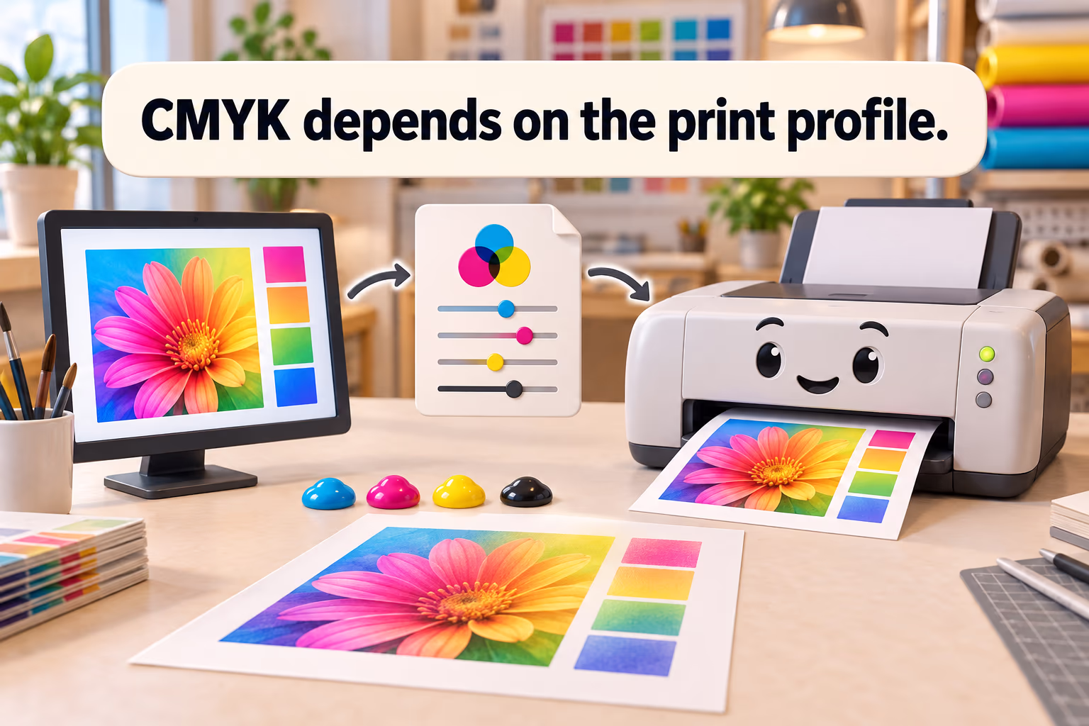 3D cartoon printer, proof sheet, and profile card illustrate that CMYK depends on the print profile.