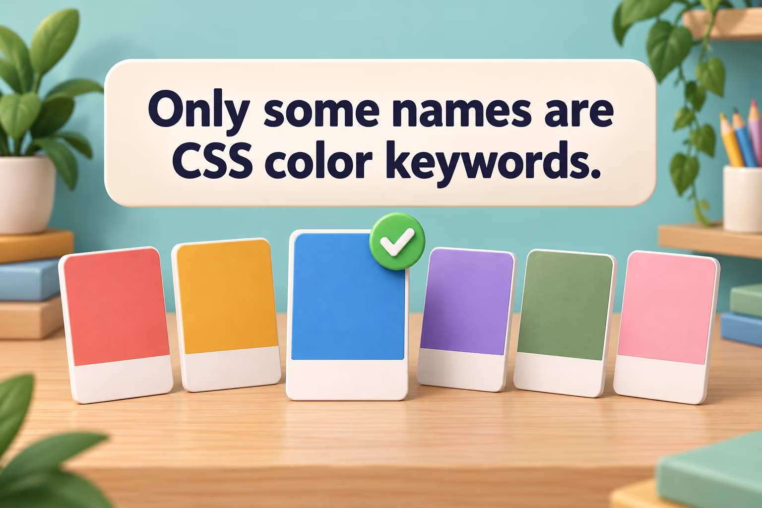 3D cartoon swatch cards with one checked card show that only some color names are CSS keywords.