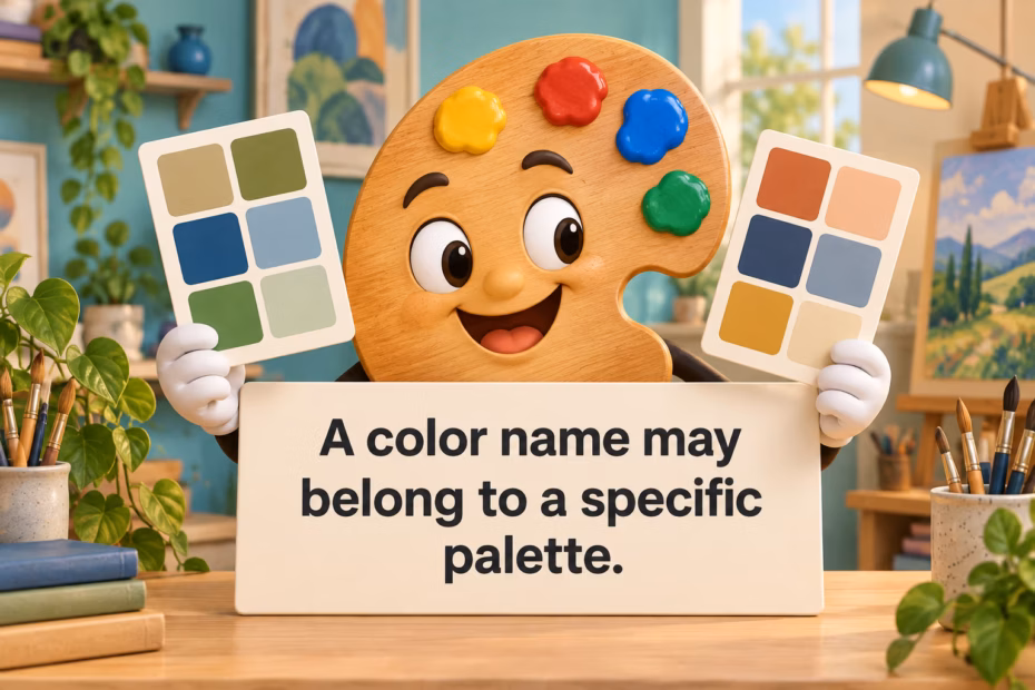 3D cartoon palette compares swatches from two palette cards beneath the teaching point that a color name may belong to a specific palette.