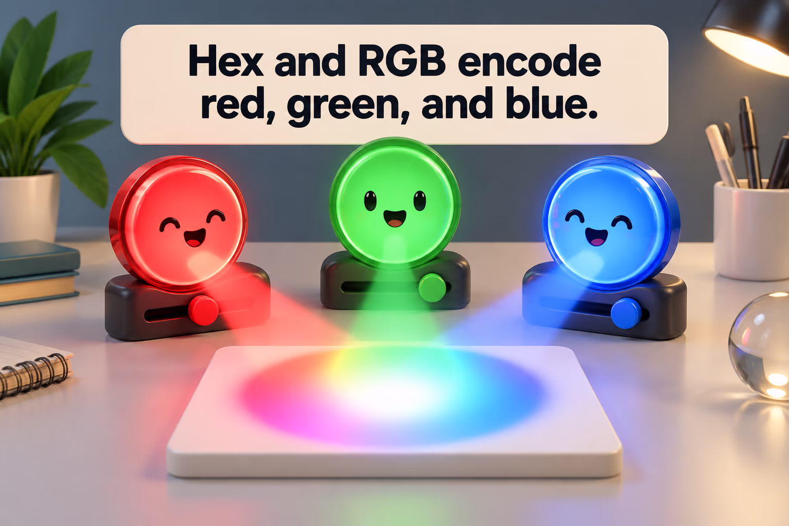 3D cartoon red, green, and blue controls blend into a swatch beneath the teaching point that hex and RGB encode those channels.