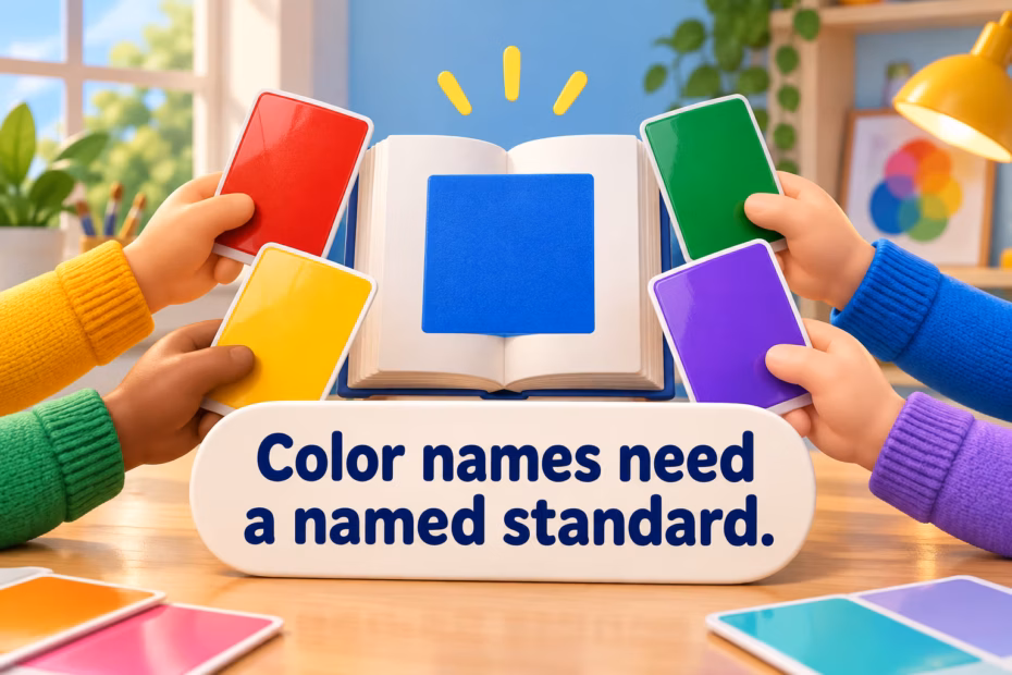 Color study with swatch cards and an open reference book. Teaching point: Color names need a named standard.