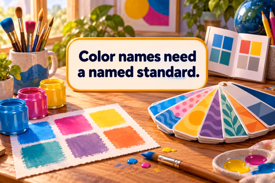 Illustrated color swatches and a reference booklet with the teaching text “Color names need a named standard.”