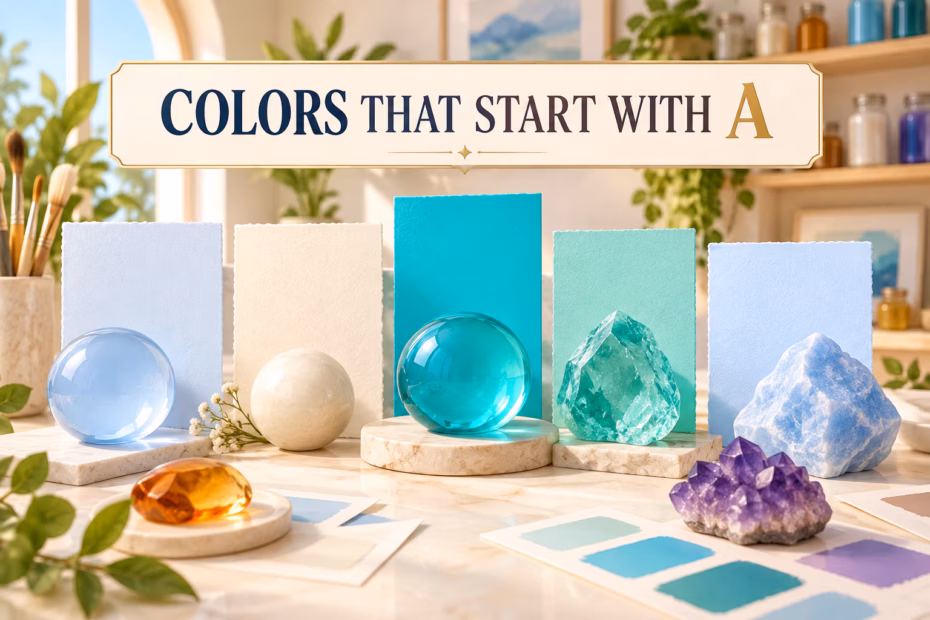 Illustrated color palette titled Colors That Start With A, with Alice Blue, aqua, amber, amethyst, and azure swatches
