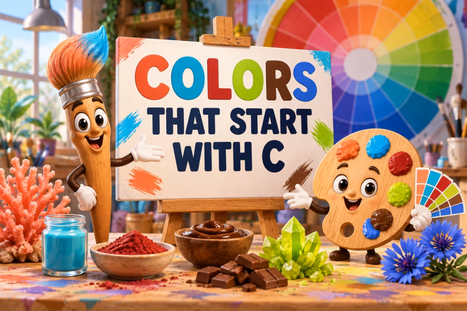 A cartoon paintbrush and palette presenting colors that start with C