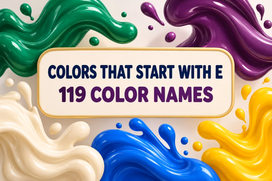 Glossy green, purple, cream, blue, and yellow paint swatches around the words Colors That Start With E and 119 Color Names