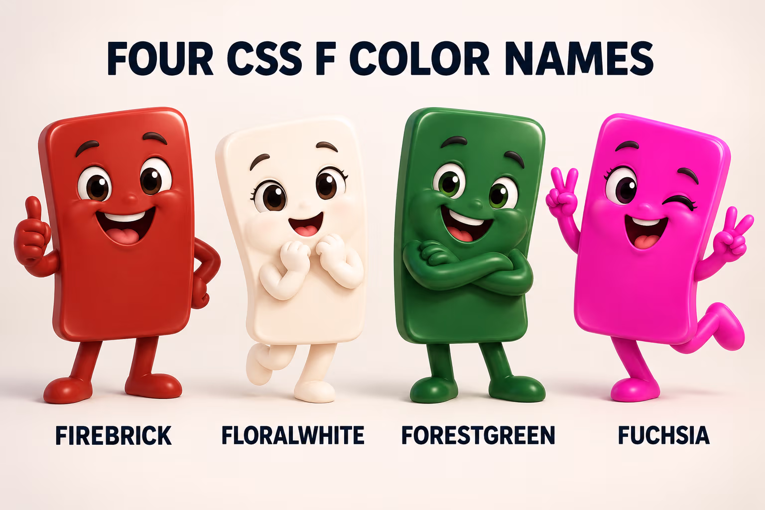 Four friendly color swatches labeled firebrick, floralwhite, forestgreen, and fuchsia, the CSS named colors beginning with F