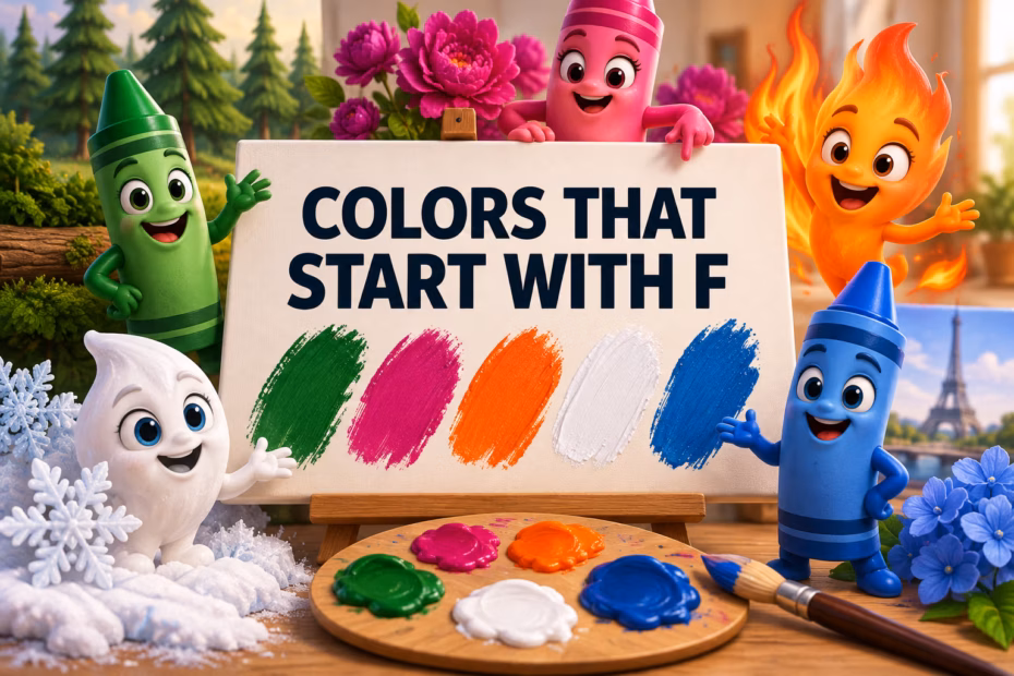 Colorful 3D swatches for firebrick, forest green, fuchsia, flame orange, French blue, and frost white around the title Colors That Start With F