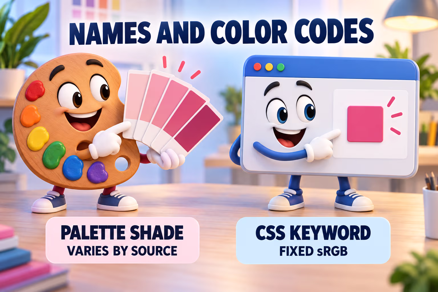A palette character shows shade names may vary by source while a CSS keyword has a fixed sRGB value