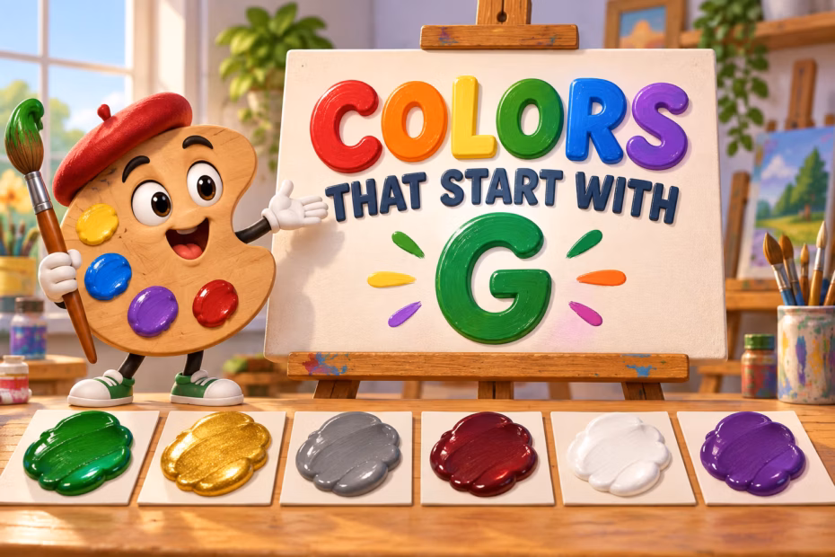 Color palette character beside a title card reading Colors That Start With G, with green, gold, gray, red, white, and purple swatches.