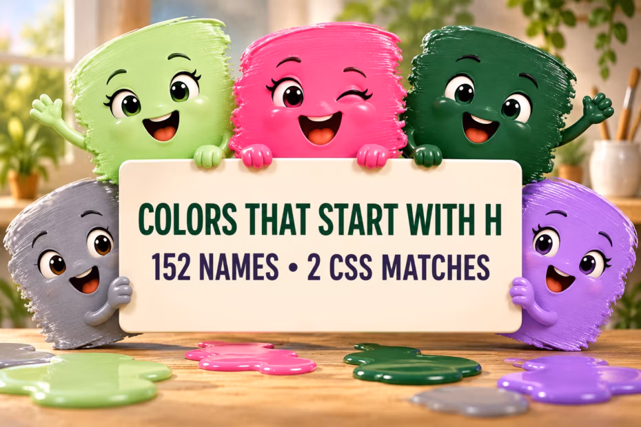 Smiling green, pink, forest-green, gray, and purple 3D paint swatches around the words Colors That Start With H, 152 Names, and 2 CSS Matches