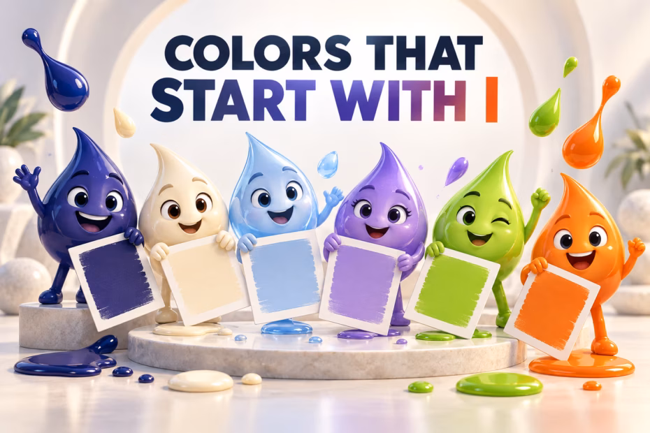 Playful 3D color characters in indigo, ivory, icy blue, green, and orange beneath the title Colors That Start With I