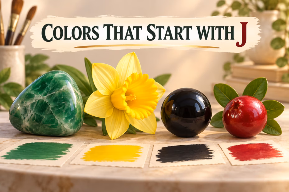 3D illustration of a green jade stone, yellow jonquil flower, black jet stone, and red berry beside the title Colors That Start With J.