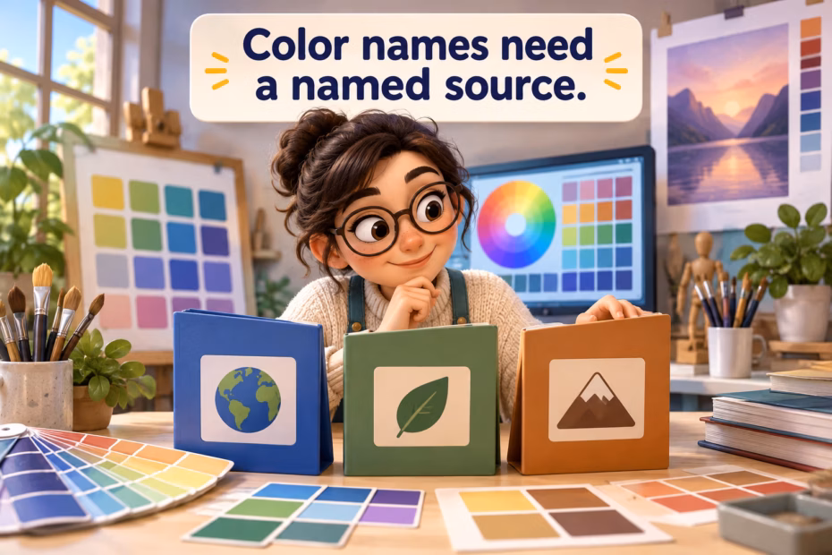 A color researcher compares CSS, paint-deck, and print-profile references; color names need a named source.