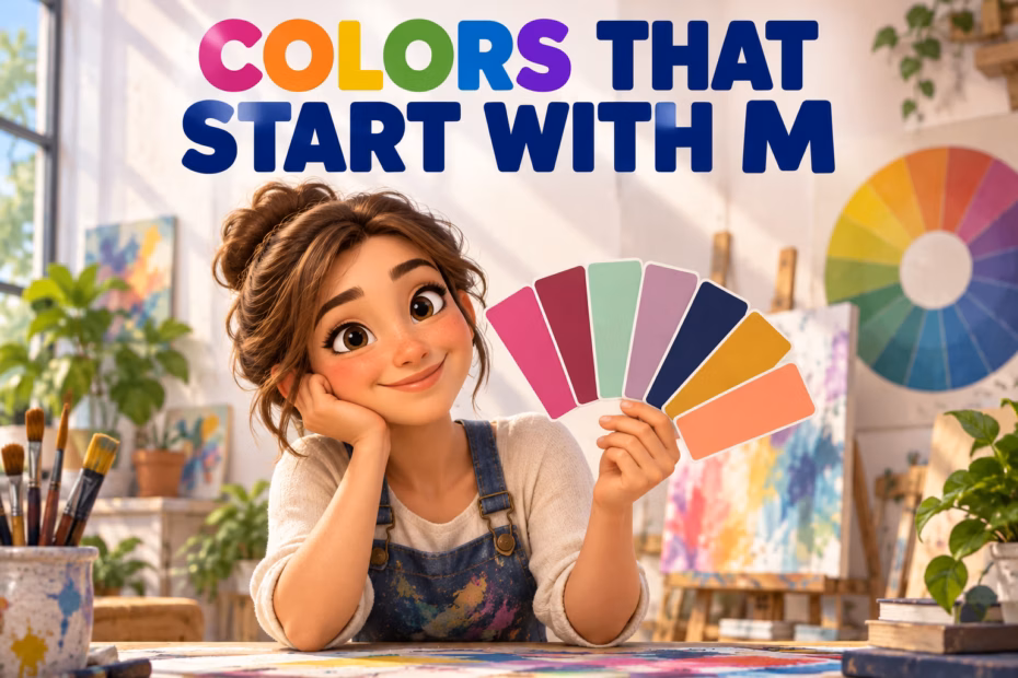 Color artist holding M-color swatches in a studio, illustrating colors that start with M