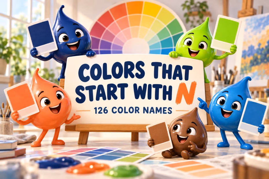 3D color characters hold swatches around the title Colors That Start With N.