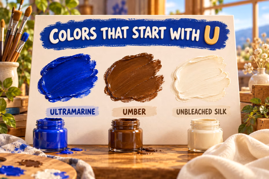 Colors that start with U, with Ultramarine, Umber, and Unbleached Silk paint swatches