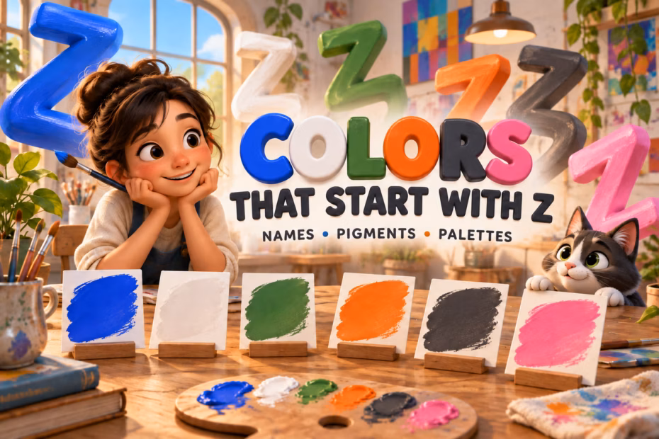 Animated artist and color cards illustrate a guide to colors that start with Z.