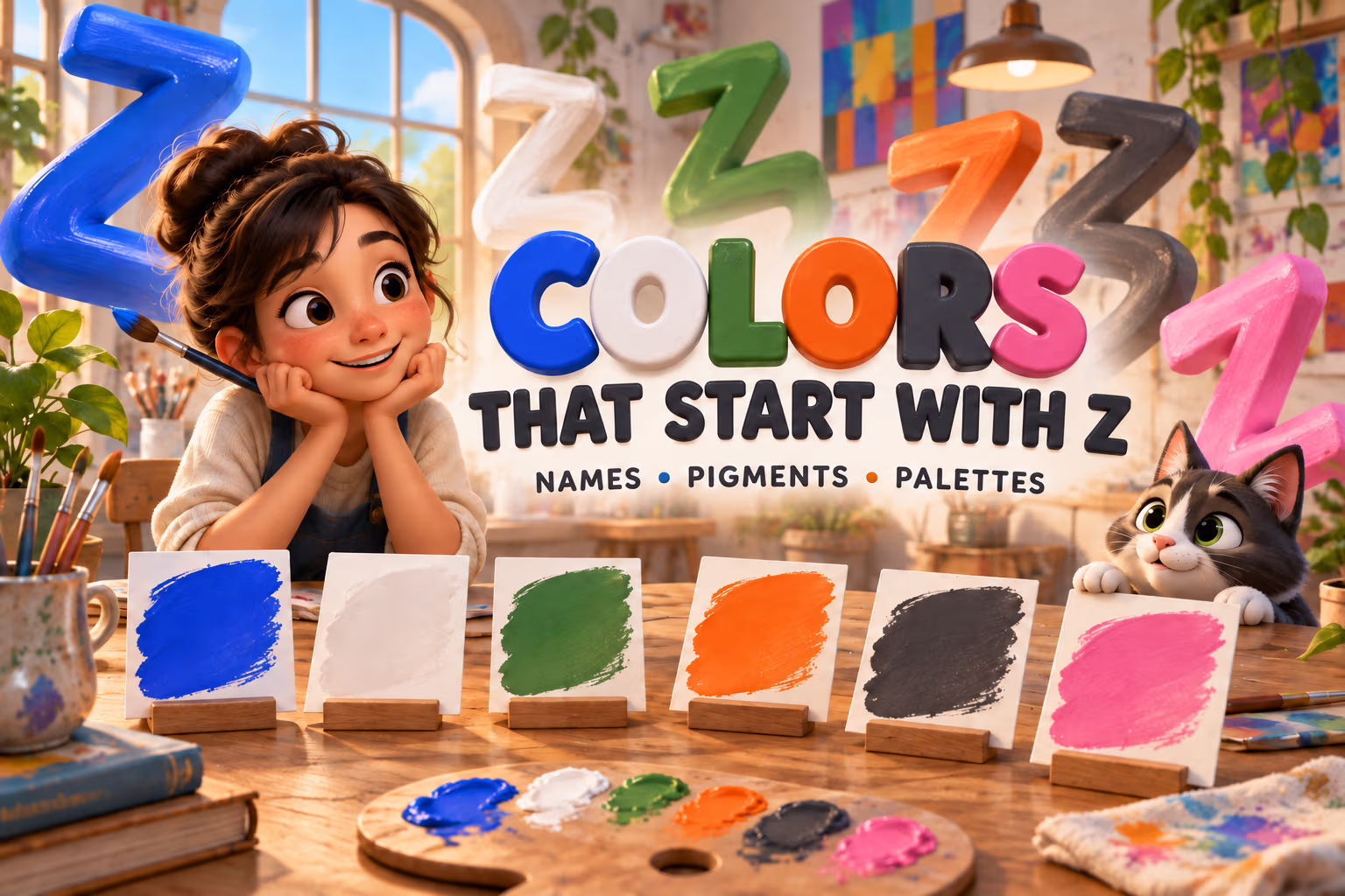 Animated artist and color cards illustrate a guide to colors that start with Z.