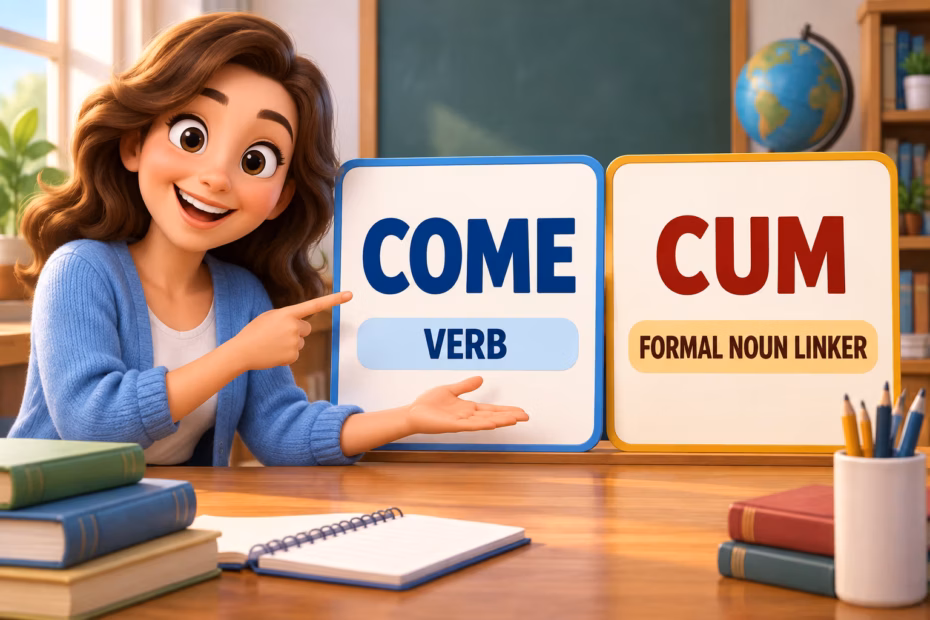 Friendly classroom graphic labels come as a verb and cum as a formal noun linker.