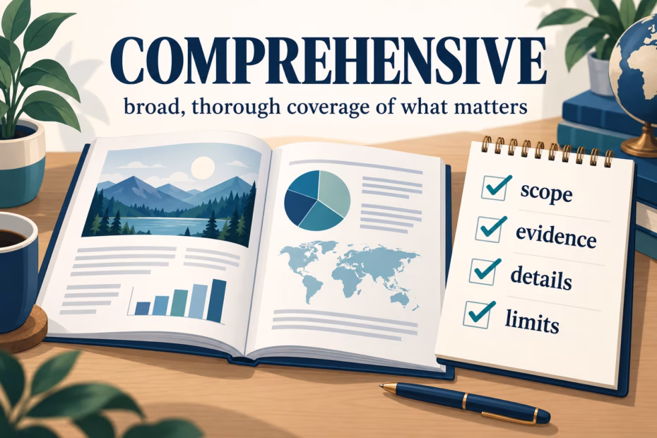 An open report and checked list labeled scope, evidence, details, and limits beneath the heading “Comprehensive: broad, thorough coverage of what matters.”