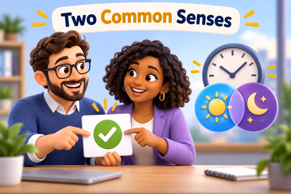 Colleagues agree on a plan beside a clock and overlapping event symbols, illustrating the agreement and simultaneous-occurrence senses of concurrence.