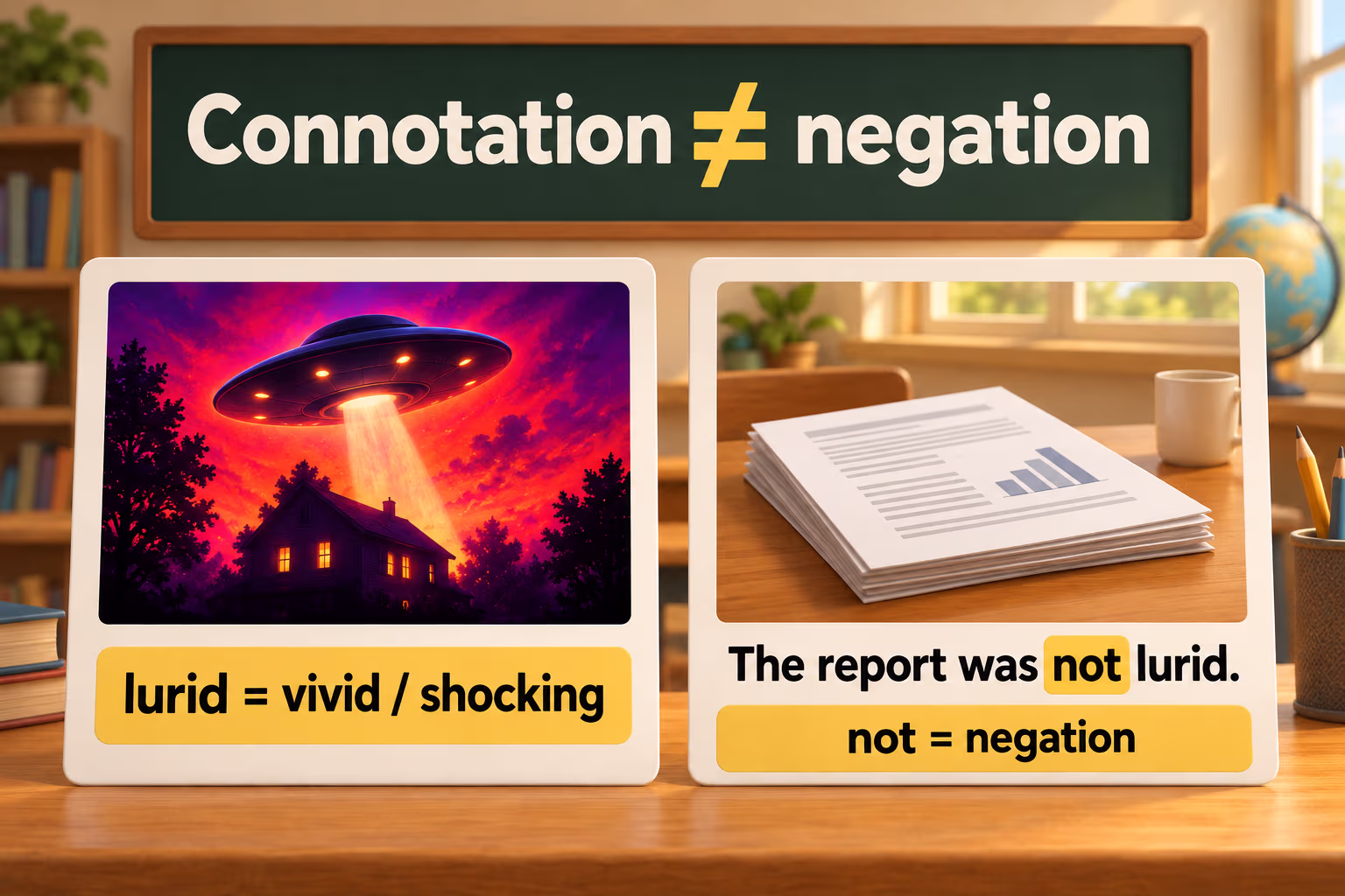 Two-panel illustration: lurid means vivid or shocking, while not functions as a grammar word in “The report was not lurid.”