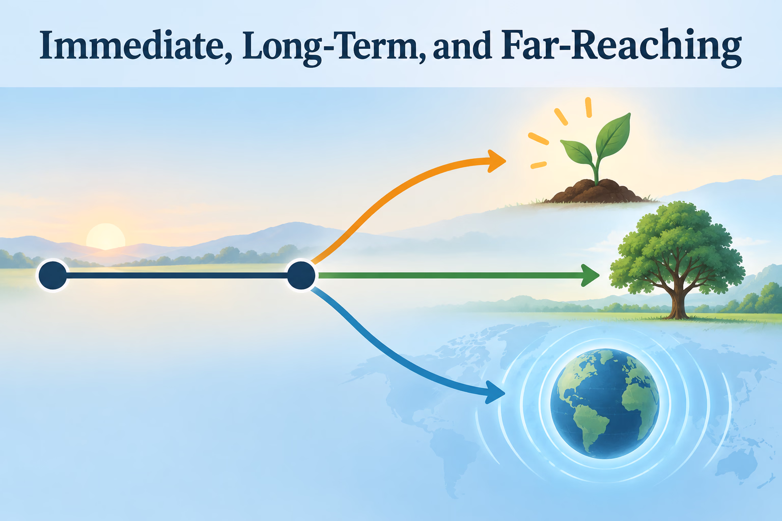 A timeline and branching arrows distinguish immediate, long-term, and far-reaching consequences.