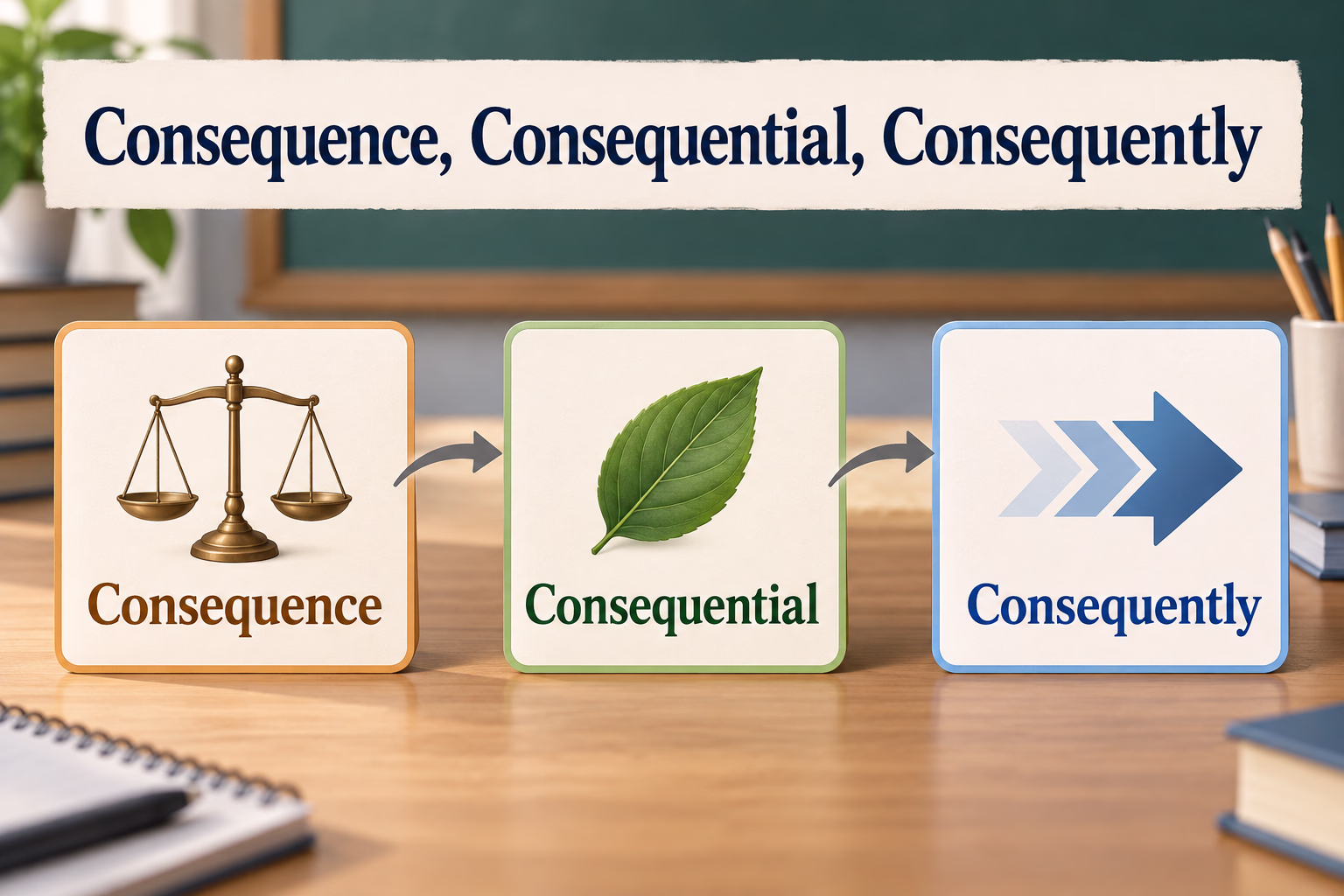Word cards distinguish consequence as a noun, consequential as an adjective, and consequently as an adverb.